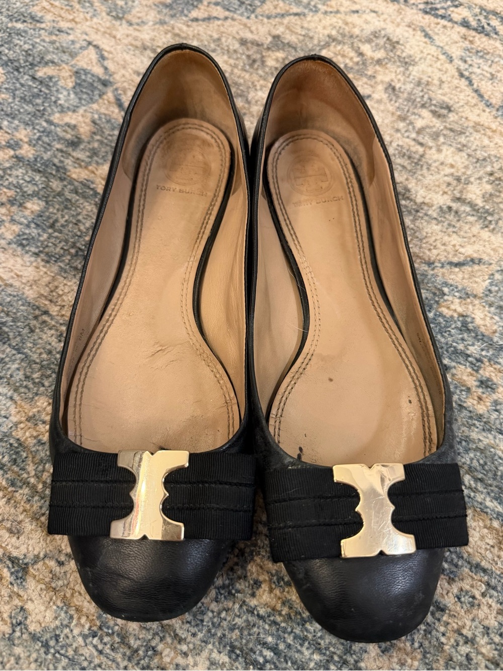 Tory Burch Black Leather Ribbon Flats with Gold Logo Accent